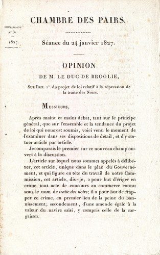 Cover for Chambre des Pairs. Séance du 24 janvier 1827. Opinion de M. le duc de Broglie