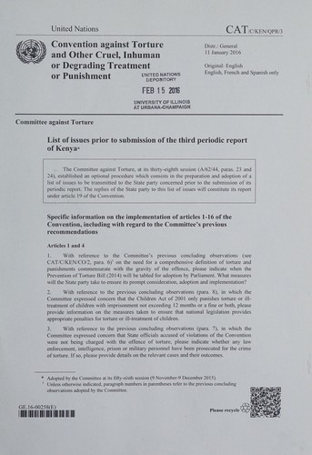 Cover for List of issues prior to submission of the third periodic report of Kenya