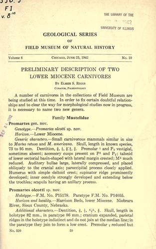 Cover for Preliminary description of two Lower Miocene carnivores