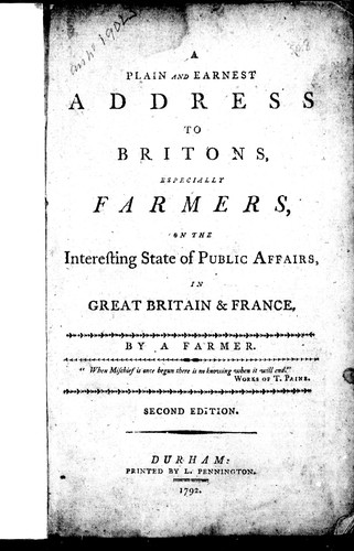 Cover for A plain and earnest address to Britons, especially farmers