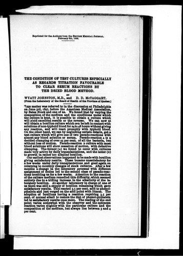 Cover for The condition of test cultures especially as regards titration favourable to clear serum reactions by the dried blood method