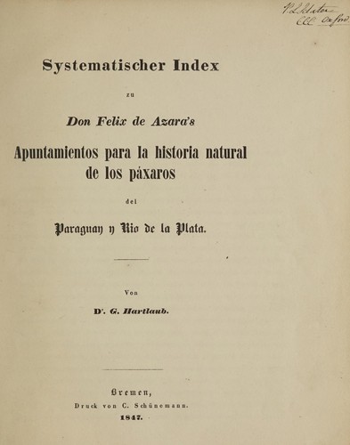 Cover for Systematischer Index zu Don Felix de Azara's Apuntamientos para la historia natural de los páxaros del Paraguay y Rio de la Plata