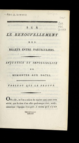 Cover for Sur le renouvellement des billets entre particuliers