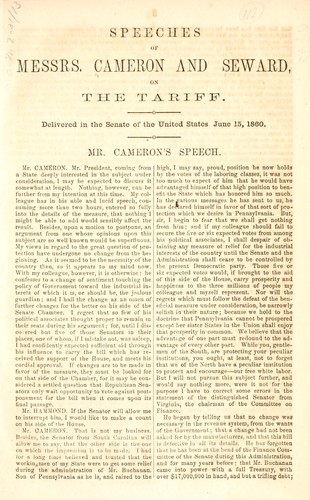 Cover for Speeches of Messrs. Cameron and Seward, on the tariff