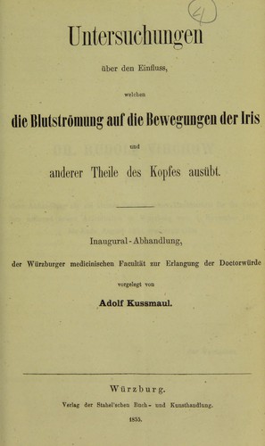 Cover for Untersuchungen über den Einfluss, welchen die Blutströmung auf die Bewegungen der Iris und anderer Theile des Kopfes ausübt