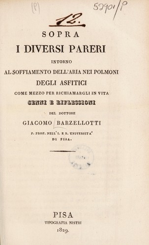 Cover for Sopra i diversi pareri intorno al soffiamento dell'aria nei polmoni degli asfitici come mezzo per richiamargli in vita cenni e riflessioni