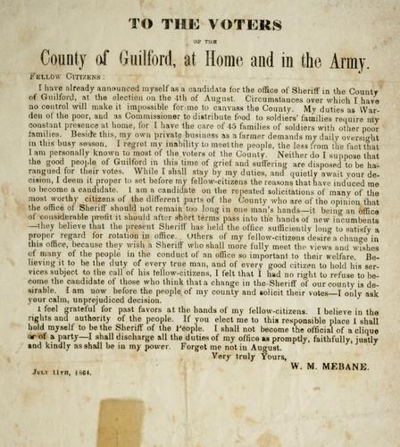 Cover for To the voters of the County of Guilford, at home and in the Army