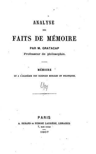 Cover for Analyse des faits de mémoire ...