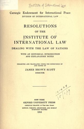 Cover for Resolutions of the Institute of International Law dealing with the law of Nations