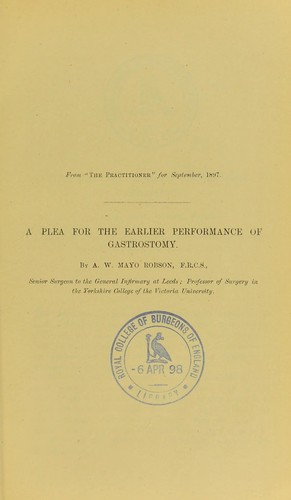 Cover for A plea for the earlier performance of gastrostomy
