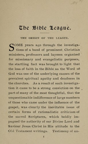 Cover for Bible League : origin and outlook