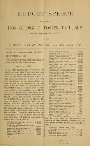 Cover for Budget speech delivered by Hon. George E. Foster, House of Commons
