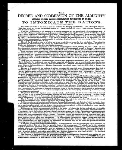 Cover for The decree and commission of the Almighty appointing Jeremiah and his representatives the ministers of religion to intoxicate the nations