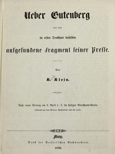 Cover for Uber Gutenberg und das im ersten druckhaus desselben aufgefundene fragment seiner presse