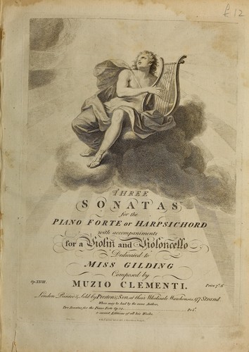 Cover for Three sonatas for the piano forte or harpsichord, with accompaniments for a violin and violoncello, op. XXVIII