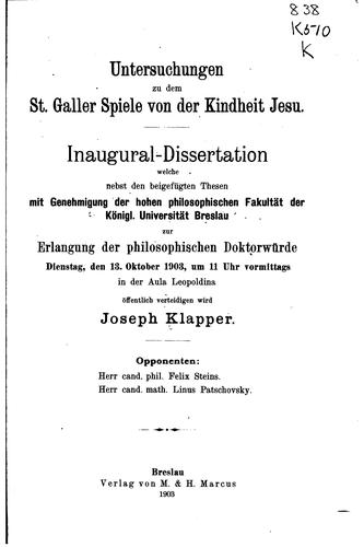 Cover for Untersuchungen zu dem St. Galler Spiele von der kindheit Jesu.