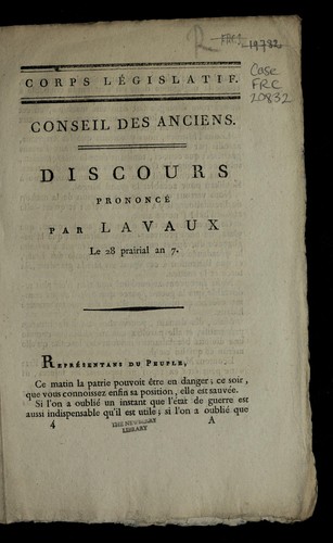 Cover for Discours prononce  par Lavaux le 28 prairial an 7.