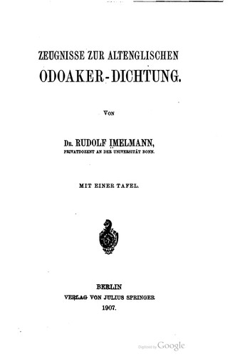 Cover for Zeugnisse zur altenglischen Odoaker-Dichtung