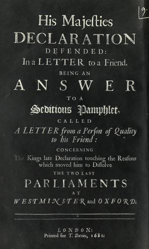 Cover for His Majesties declaration defended in a letter to a friend