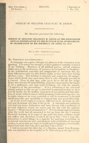 Cover for Speech of Senator Chauncey M. Depew...