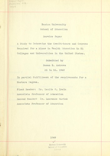 Cover for A study to determine the credit-hours and courses required for a minor in health education in 21 colleges and universities in the United States