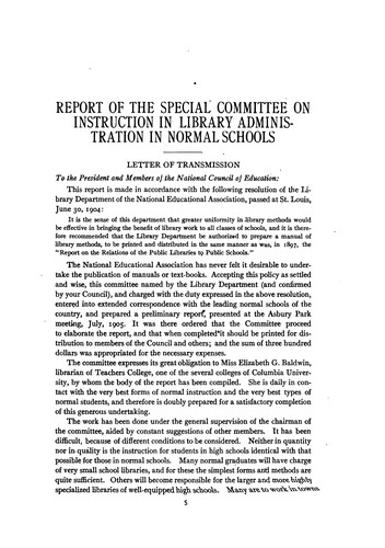Cover for Report on instruction in library administration in normal schools