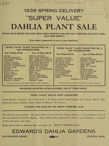 Cover for 1938 spring delivery, super value dahlia plant sale