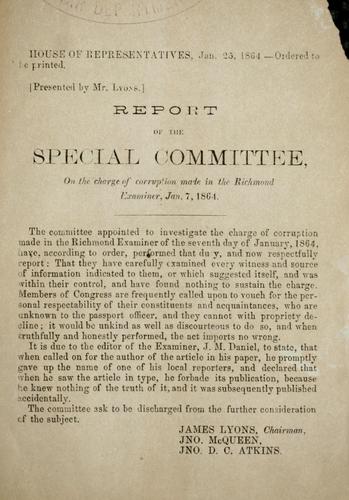 Cover for Report of the Special committee, on the charge of corruption made in the Richmond Examiner, Jan. 7, 1864