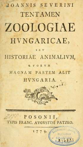 Cover for Ioannis Seuerini Tentamen zoologiae Hungaricae, seu, Historiae animalium, quorum magnam partem alit Hungaria