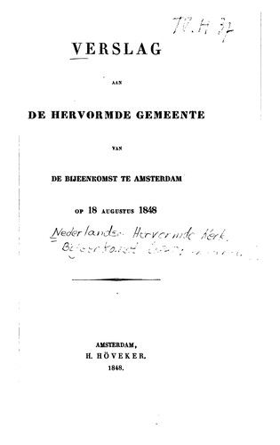 Cover for Verslag aan de Hervormde gemeente van de bijeenkomst op 18 Augustus 1848