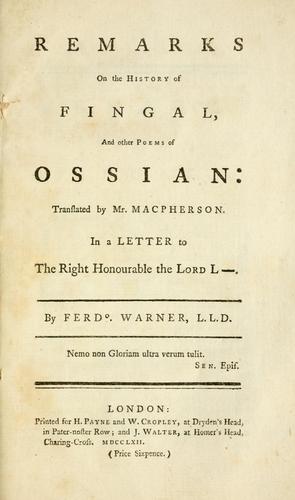 Cover for Remarks on the history of Fingal, and other poems of Ossian: translated by Mr. Macpherson