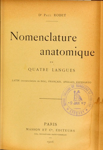 Cover for Nomenclature anatomique en quatre langues