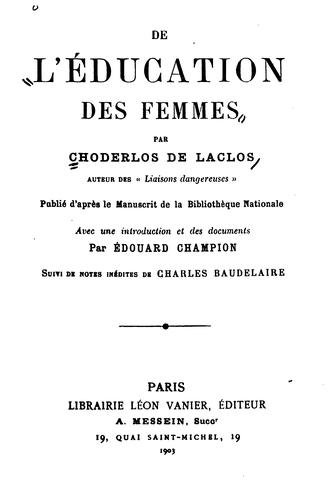 Cover for De l'éducation des femmes