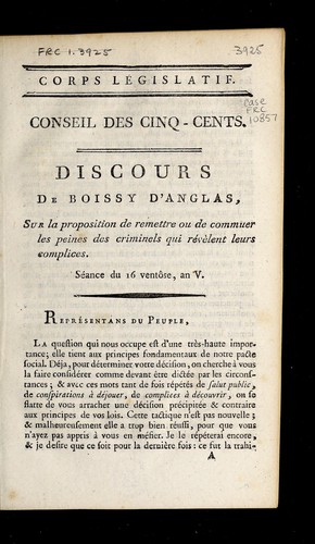 Cover for Discours de Boissy d'Anglas sur la proposition de remettre ou de commuer les peines des criminels qui révèlent leurs complices