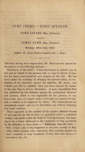 Cover for John Lizars, Esq, Surgeon, against James Syme, Esq., Surgeon, Monday, 26th July 1852