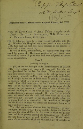 Cover for Notes of three cases of acute yellow atrophy of the liver
