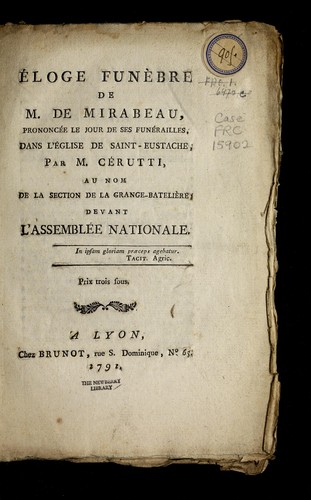 Cover for Eloge fune  bre de M. de Mirabeau, prononce e le jour de ses fune railles, dans l'e glise de Saint-Eustache