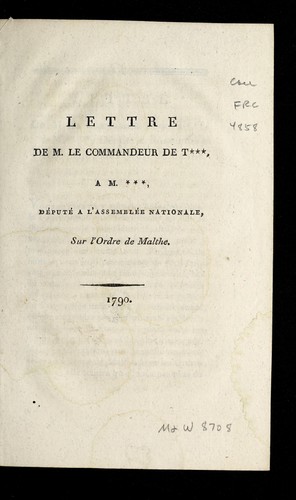 Cover for Lettre de M. le commandeur T***