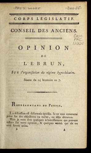 Cover for Opinion de Lebrun sur l'organisation du re gime hypothe caire