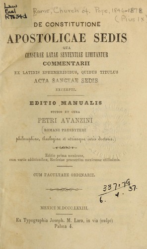 Cover for De constitutione apostolicae sedis qua censurae latae sententiae limitantur commentarii ex latinis ephemeridibus
