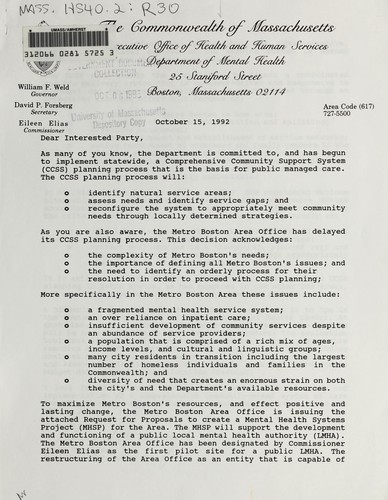 Cover for Request for proposals for a mental health systems project for Metro-Boston