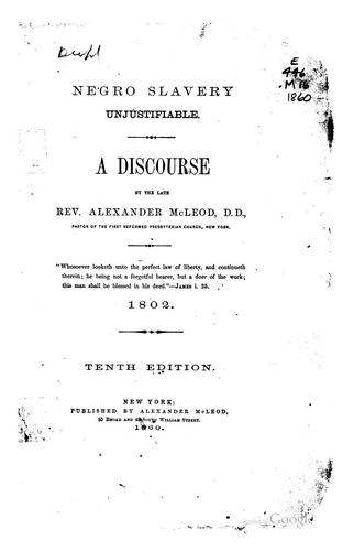 Cover for Negro slavery unjustifiable