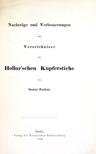 Cover for Nachträge und Verbesserungen zum Verzeichnisse der Hollar'schen Kupferstiche