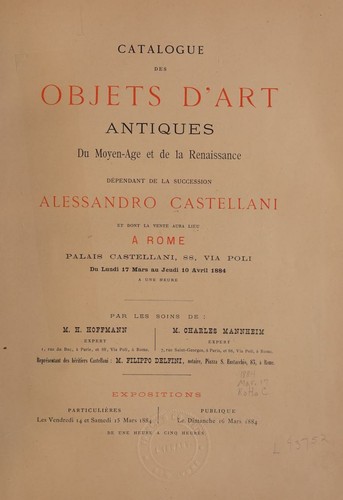 Cover for Catalogue des objets d'art, antiques du Moyen-Âge et de la Renaissance