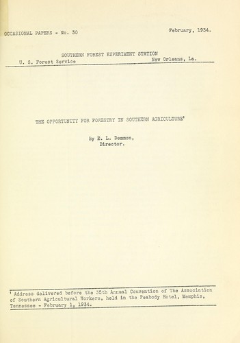 Cover for The Opportunity for forestry in Southern agriculture