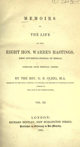 Cover for Memoirs of the life of the Right Hon. Warren Hastings, first governor-general of Bengal.
