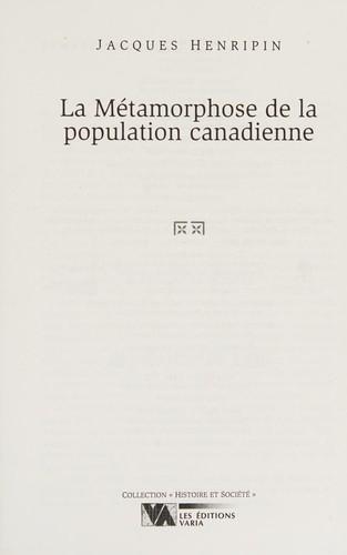 Cover for La métamorphose de la population canadienne