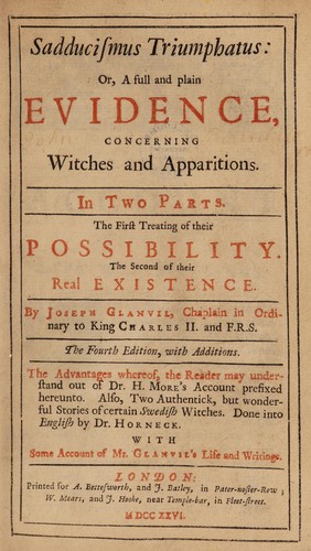 Cover for Saducismus triumphatus: or, full and plain evidence concerning witches and apparitions. With some account of Mr. Glanvil's life and writings