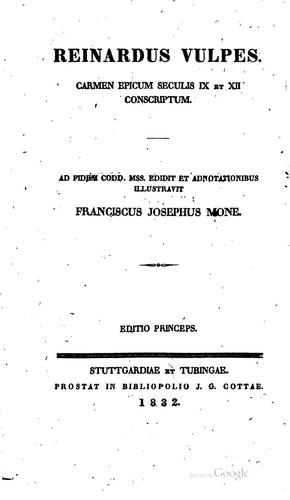 Cover for Reinardus Vulpes. Carmen epicum seculis IX et XII conscriptum.: Carmen ...