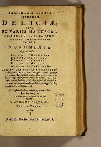 Cover for Variorum in Europa itinerum deliciæ; seu, ex variis manu-scriptis selectiora tantum inscriptionum maxime recentium monumenta
